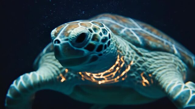 A sea turtle swims towards the viewer, showcasing intricate shell patterns and underwater light
