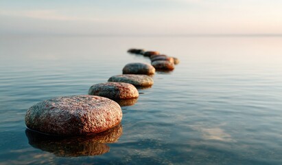Stepping stones lead across calm waters under a serene, hazy sky
