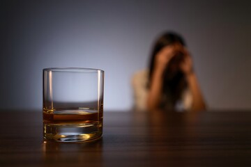 Glass of Whiskey with Blurred Depressed Woman in Background