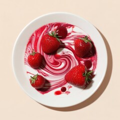 A vibrant display of fresh strawberries arranged on a plate with a swirl of berry sauce