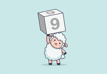Cute cartoon sheep holding a number nine block. © Hakagraph
