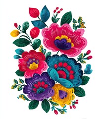 Vivid bouquet layered, folk-art flowers with bold colors, intricate patterns