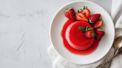 A vibrant red jelly dessert garnished with fresh strawberries on a white plate, set on a textured surface