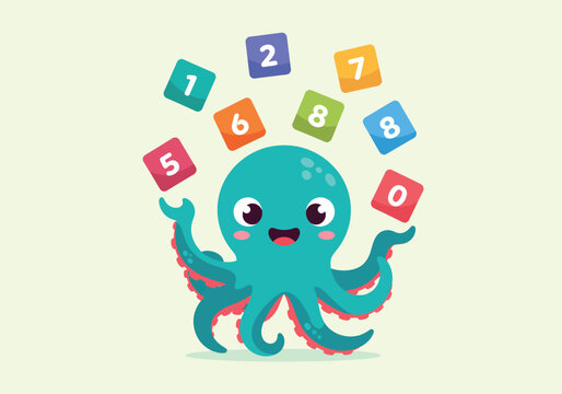 Cute Cartoon Octopus With Colorful Number Blocks.