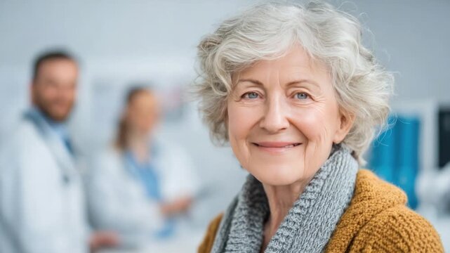Radiant Health: A senior woman with a warm, genuine smile. Her bright eyes and positive expression symbolize well-being and happiness. Surrounded by healthcare professionals.