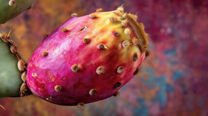 A vibrant cactus fruit hangs on a spiny plant showcasing rich colors and textures under sunlight in a dynamic background of hues typical of desert landscapes.