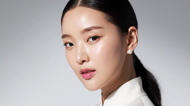 Close-up of a fair-skinned person with dark hair in a sleek ponytail, pearl earring, and radiant skin