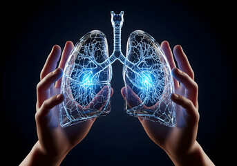3D medical illustration of blue glowing human lungs with a digital heart rate pulse frequency wave for advanced respiratory healthcare technology and pulmonary science research