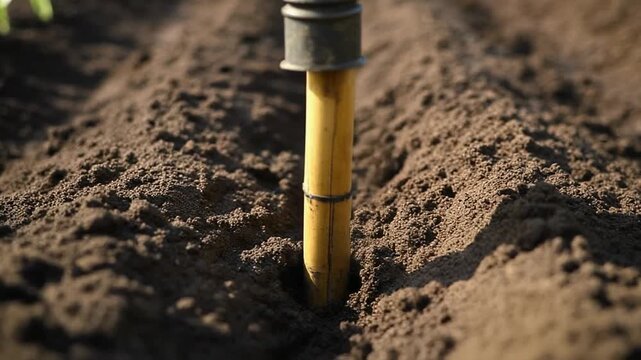 Close-up of a yellow soil probe with a metal tip partially buried in brown dirt with a shallow depth of field.