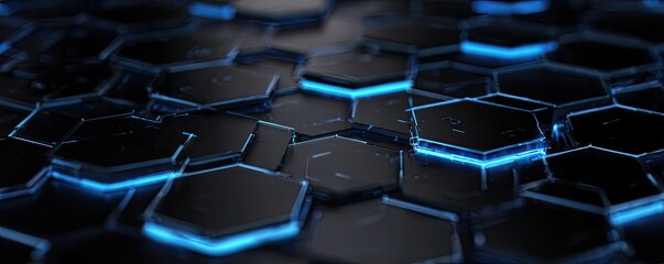 Hexagonal tiles with blue edges, abstract digital futuristic surface