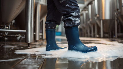Brewery worker in waterproof boots cleaning floor with water hose and foam 