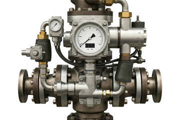 Fototapeta premium Industrial metal gas valve assembly with pressure gauge and piping on a transparent background