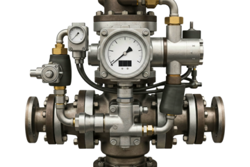 Industrial metal gas valve assembly with pressure gauge and piping on a transparent background