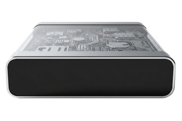 Futuristic electronic device with transparent case showing circuits on a transparent background