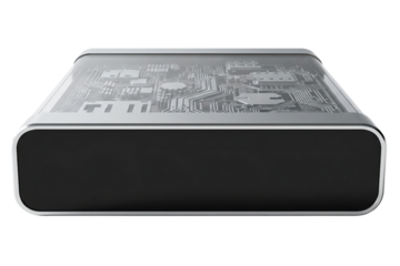 Futuristic electronic device with transparent case showing circuits on a transparent background