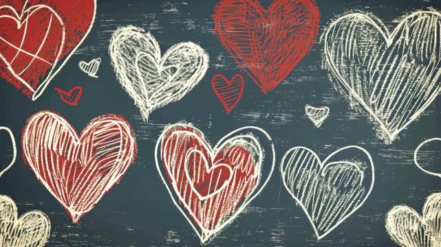 Vector of doodled red hearts on a blue textured background.