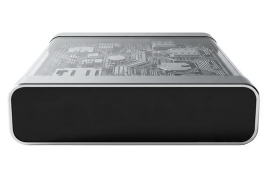 Futuristic electronic device with transparent case showing circuits on a transparent background - Powered by Adobe