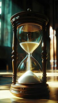 Vintage wooden hourglass on table, with sand halfway down, focusing on the passage of time.