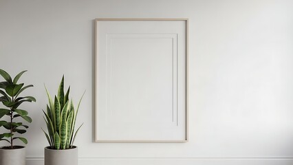Fototapeta premium Modern minimalist frame leaning against white wall with plants as decoration in bright empty room