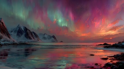 Mystical aurora light scatters colourful radiance across snowy mountain peaks in winter night sky winter season nature landscape background
