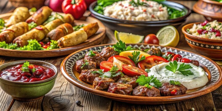 pljeskavica on plate with ur nebesh salad and other balkan style side dishes served in traditional style
