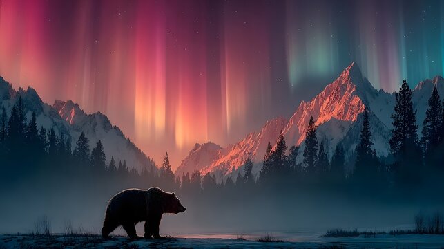 Vivid aurora light illuminates colourful reflections on snowy mountain peaks under winter night sky winter season nature landscape background - Powered by Adobe