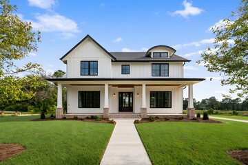 Two-story white house with black roof and large windows on green lawn
