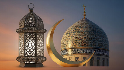 Ramadan lantern and mosque dome with crescent moon