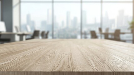 Wooden tabletop with city view background
