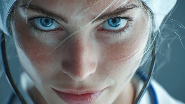 Focused Vision: A dedicated medical professional is seen with a piercing gaze, exuding both confidence and competence, portraying the essence of healthcare and expertise.