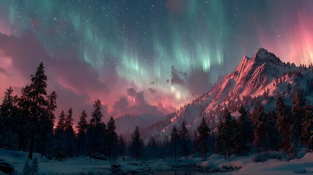 Aurora light casts colourful glow on snowy mountain peaks beneath winter night sky above winter season nature landscape background - Powered by Adobe