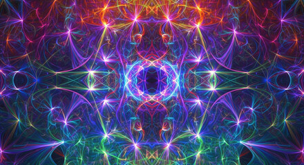 A vibrant and colorful abstract artwork with glowing neon lights and patterns