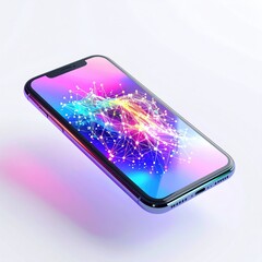 Phone with a colorful, digital network display on a white surface