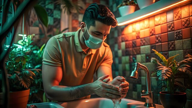 Handwashing During Flu Season. Man washing hands thoroughly&mdash;flu prevention, hygiene awareness, and public health campaign imagery.