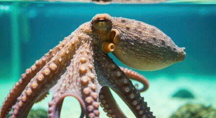 Fototapeta premium A close-up of an octopus floating in blue water, showcasing its tentacles and textured skin