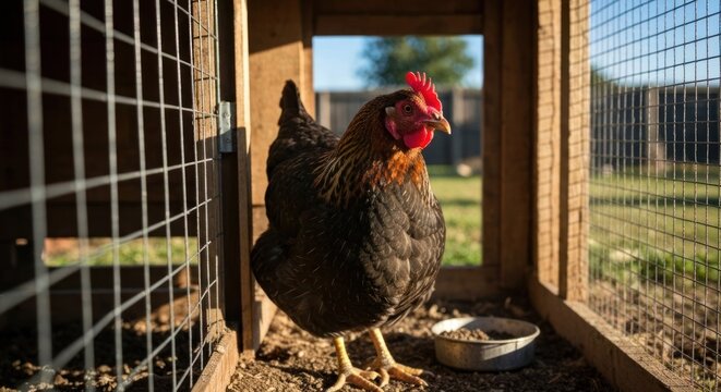 A chicken with dark feathers and a red comb stands inside a wire-fenced wooden coop