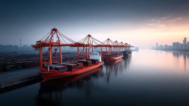 Busy scene of container terminal loading and unloading operations in city port