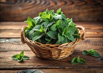 Dried mint leaves in a basket on a wooden table
