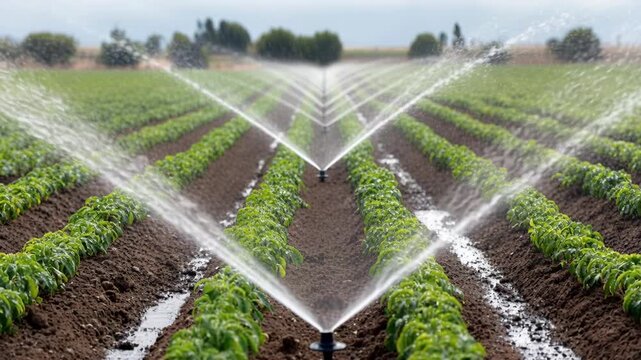 Automated irrigation system watering rows of green plants in a large agricultural field.