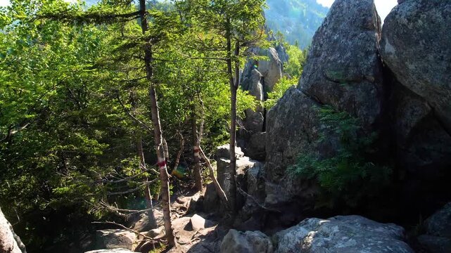 A narrow, rocky hiking trail winds through dense forest and large boulders, ascending towards the distant peaks of Mt. Katahdin in Maine on a bright, sunny day.