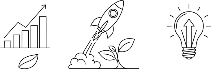 Business growth and innovation concepts vector line illustration icon set with startup rocket and idea lightbulb isolated on white background