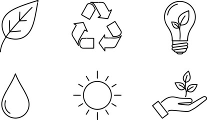 Environmental sustainability vector icon illustration set featuring natural elements isolated on white background