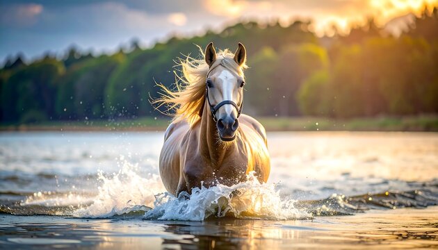 A majestic light-colored equine strides boldly through water, splashing and creating a dynamic effect, with a blurred natural background