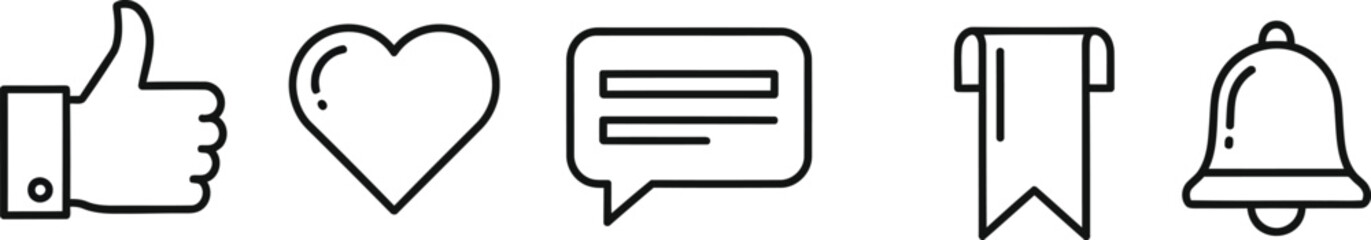 Five social media engagement vector illustration icons including like heart comment bookmark and bell notification isolated on white background