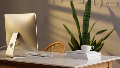 Modern Home Office Desk Setup with Computer and Plant.
