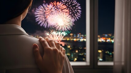 Couple Watching Fireworks Display at Night.