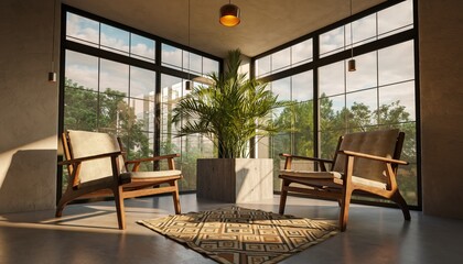 Modern Living Room with Large Windows and Natural Light.