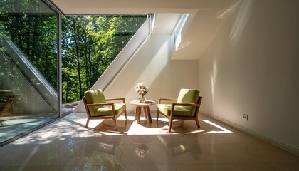 Modern Living Room with Natural Light and Forest View.