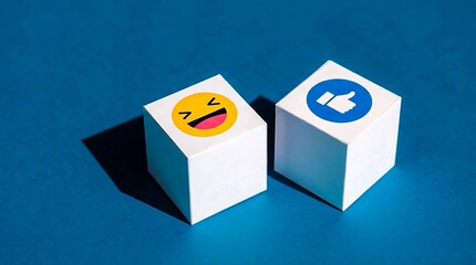 Social media reaction cubes with emoji icons on blue background
