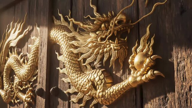 A detailed close-up of a golden dragon relief intricately carved into a rustic wooden door, bathed in warm sunlight.